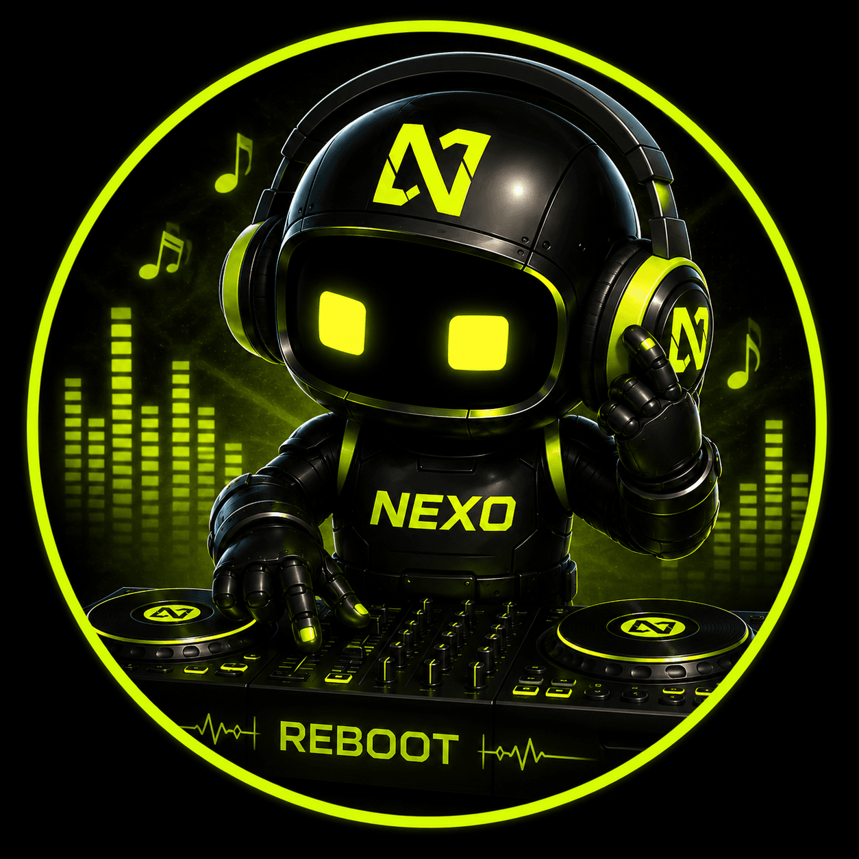 Robô DJ neon do Nexo Music com fones de ouvido e mesa de som